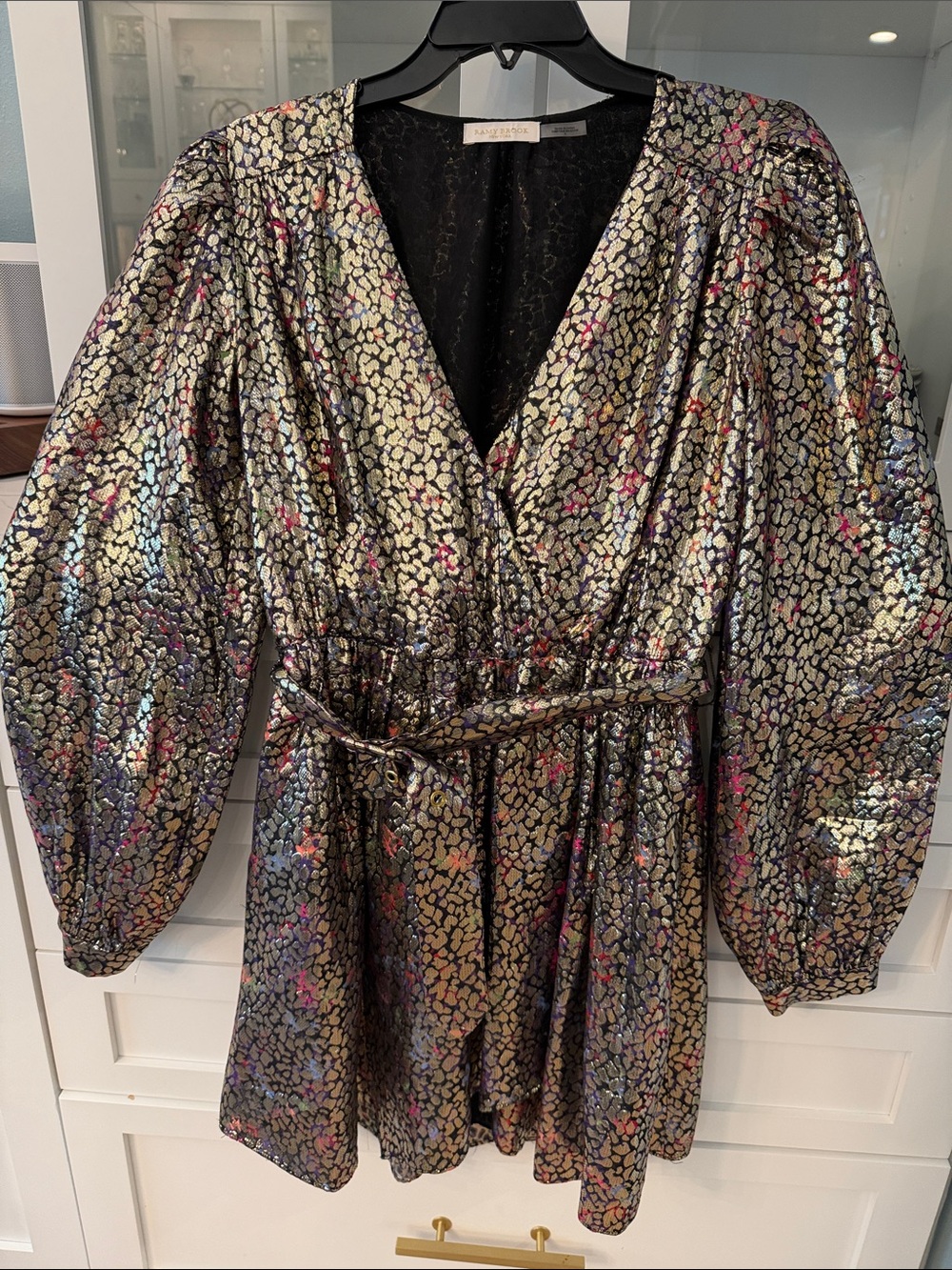 Ramy Brook Gold Metallic Multicolor Wrap Long Sleeve Dress
